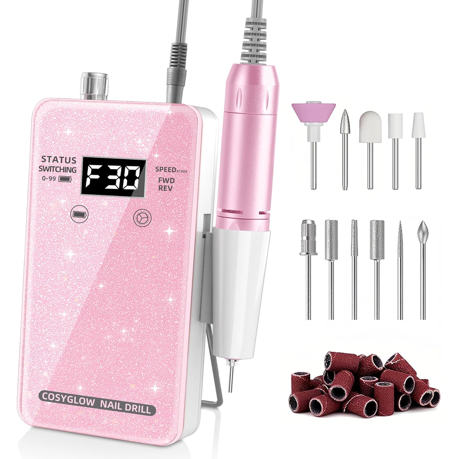 Professional Electric Nail Drill File: COSYGLOW Glitter Portable Efile Nail Drill Kit with11 Drill Bits,30000 RPM Rechargeable Cordless Nail Drill Machine E File for Acrylic Nails Gel Polishing (Pink)